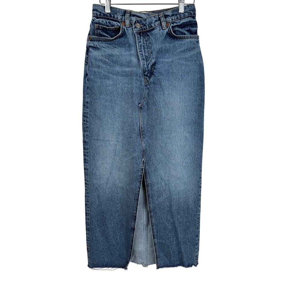 Reformation Nila Long Denim Skirt Organic Cotton Front Slit Maxi Jean Blue Sz 26